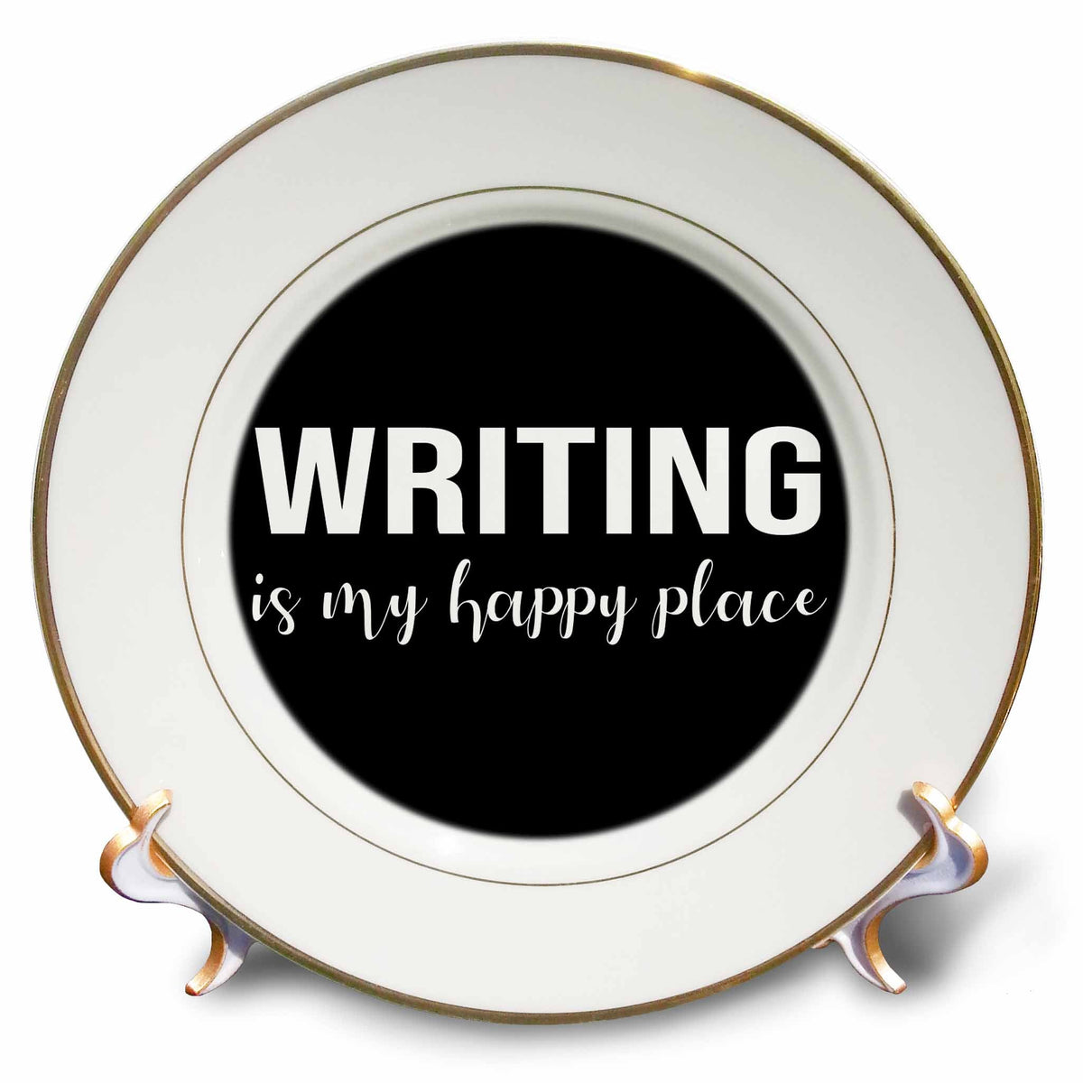 3dRose Writing is My Happy Place. White Lettering on a Black Background. - Plates (cp_344225)