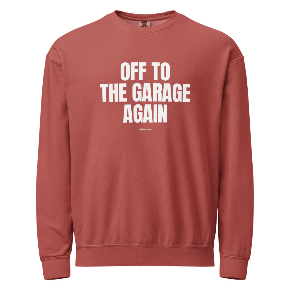Off to The Garage again — Crewneck — Crimson (front)